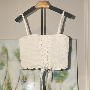 American Eagle Outfitters White Lace-Up Smocked Tank Top